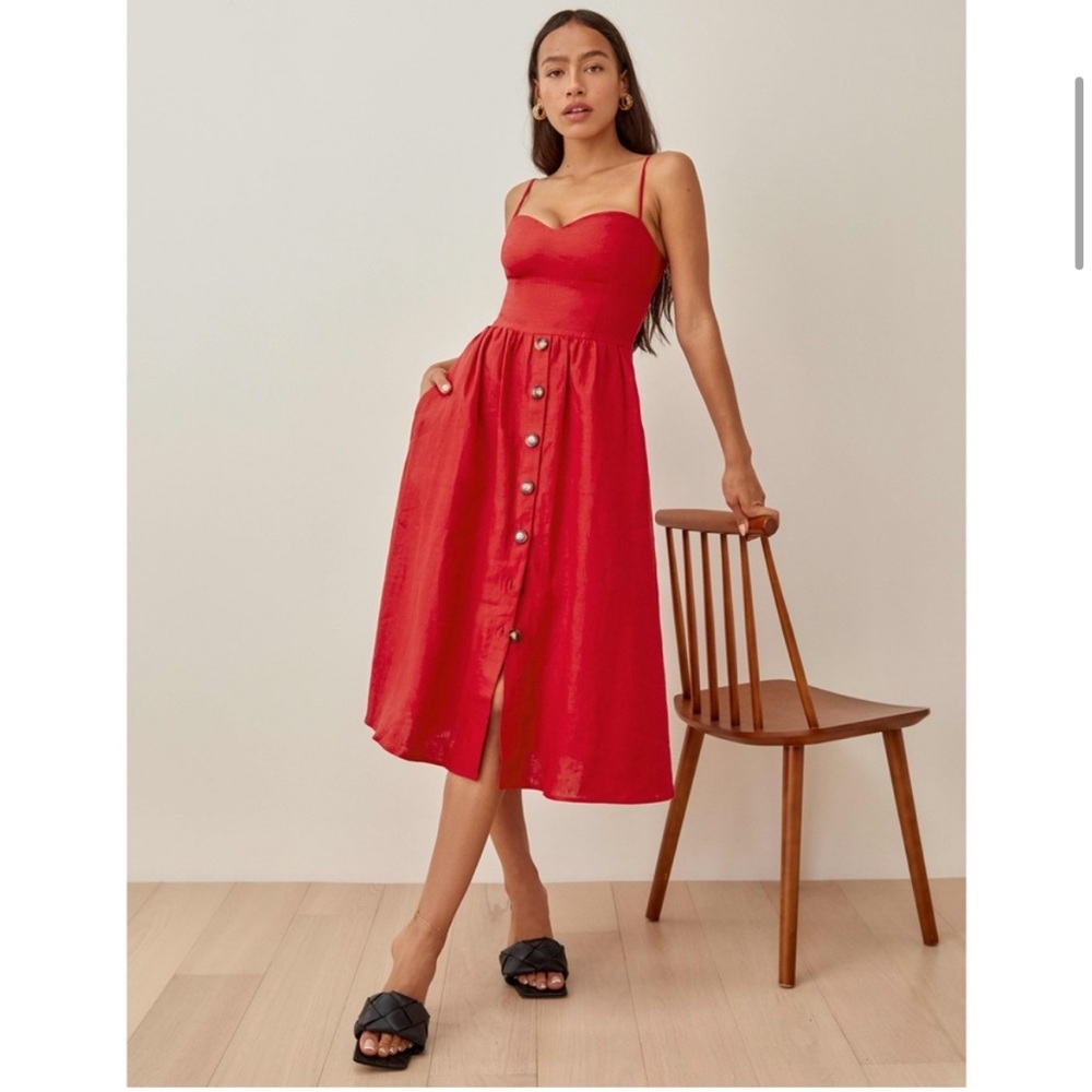 Reformation Red Button-Front Midi Dress